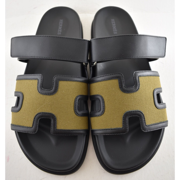 Hermes Chypre Sandal Mens Black Olive Green Canvas Cargo H Logo Slide Flat 45 12 - Picture 8 of 16